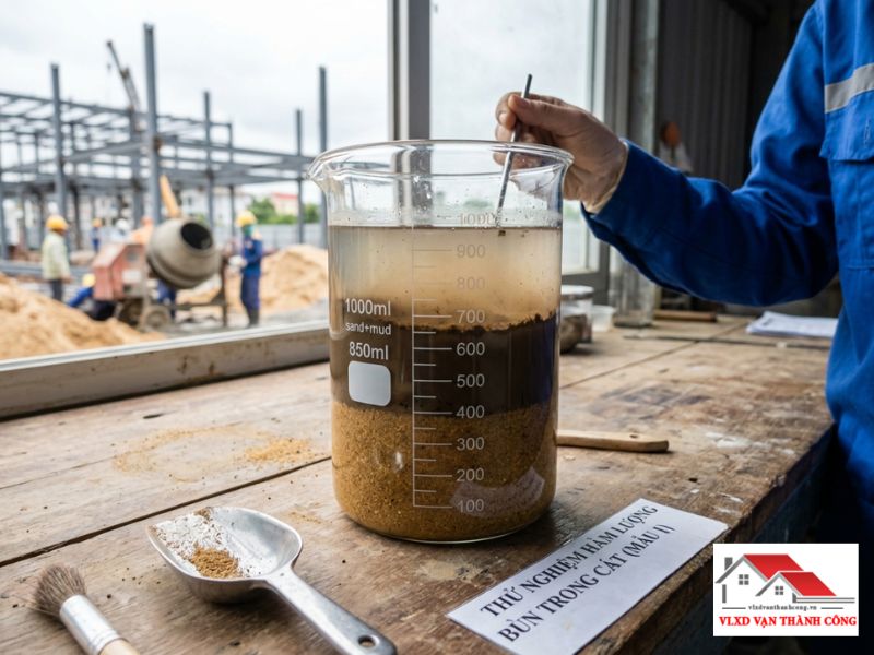 Cách nhận biết cát sạch bằng thử nghiệm đo tỷ lệ bùn sét trong cốc thủy tinh