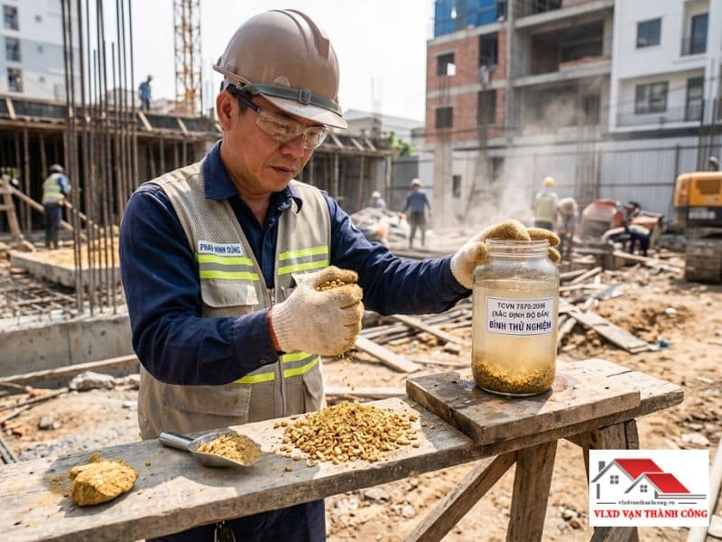 Kỹ sư thi công thực hiện kiểm tra nhanh độ sạch của cát bằng phương pháp thả bình nước đơn giản