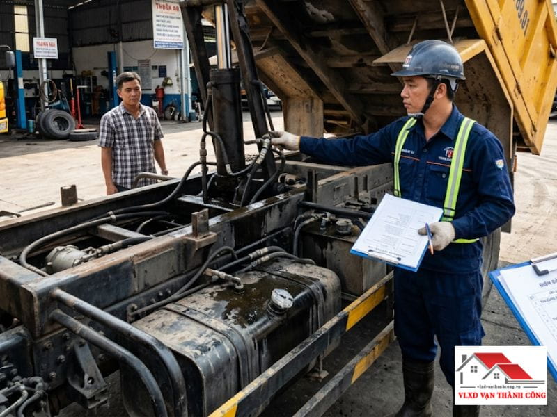 Đội ngũ kỹ thuật Vạn Thành Công kiểm tra bảo dưỡng hệ thống nâng hạ thủy lực xe ben định kỳ đảm bảo an toàn tuyệt đối
